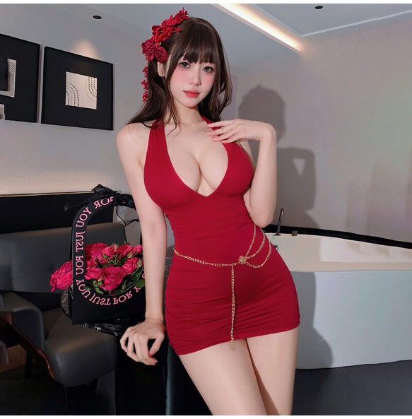 FEE ET MOI - Deep V Heart Hollow Out Bodycon Dress (Burgundy)